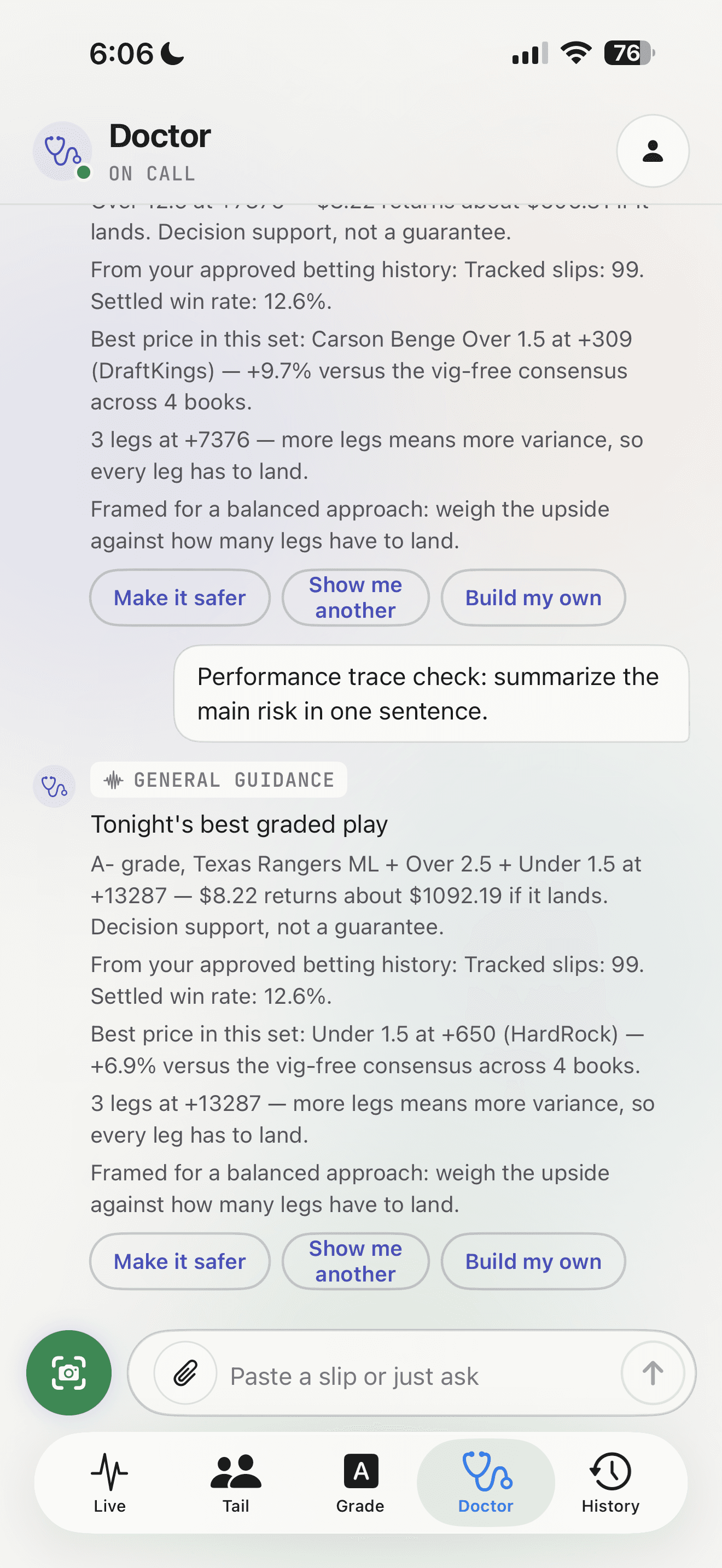 BetSlip Doctor chat giving sourced decision support and follow-up actions.
