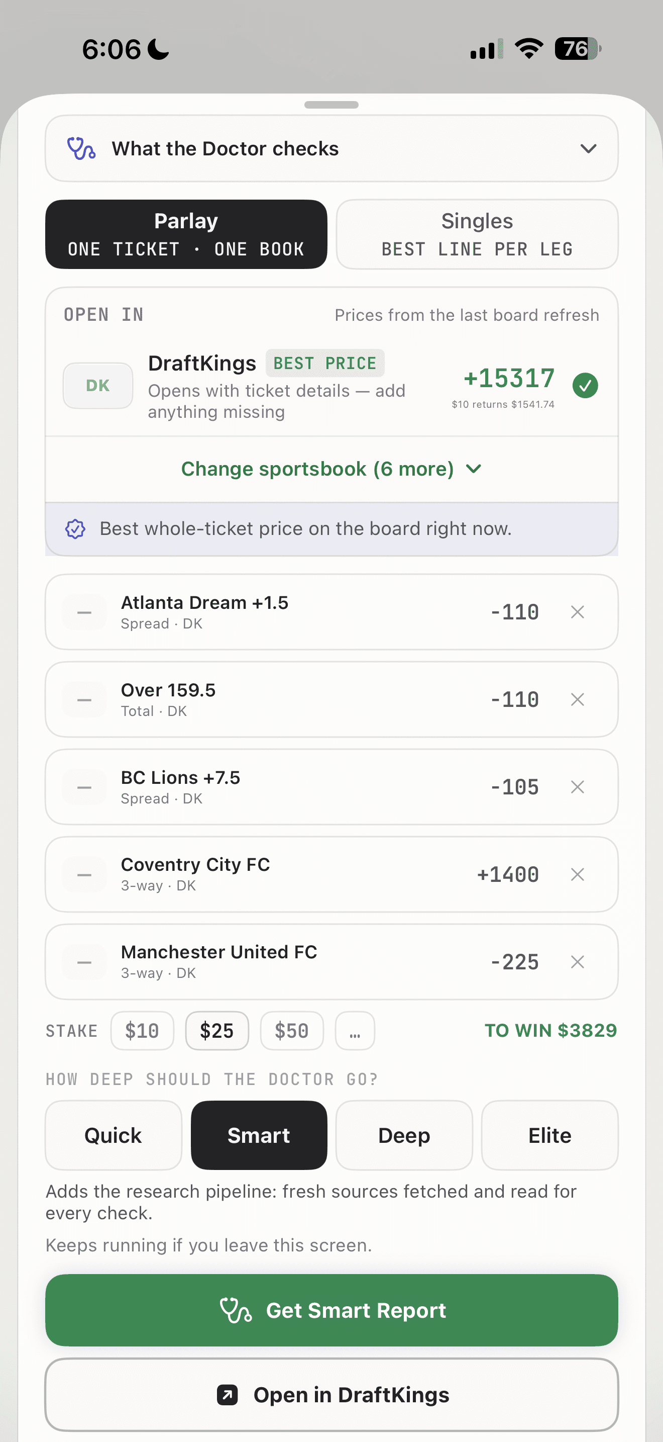 BetSlip Doctor Grade screen comparing a parlay price and preparing a Smart report.