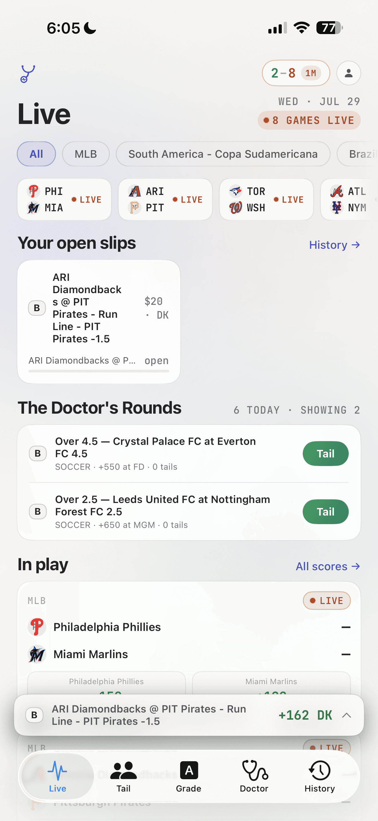 BetSlip Doctor Live board with live games, open slips, prices, and the five-tab app navigation.