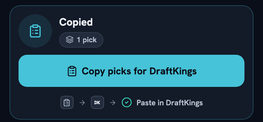 A Copy picks for DraftKings button with the steps copy, open the book, paste.
