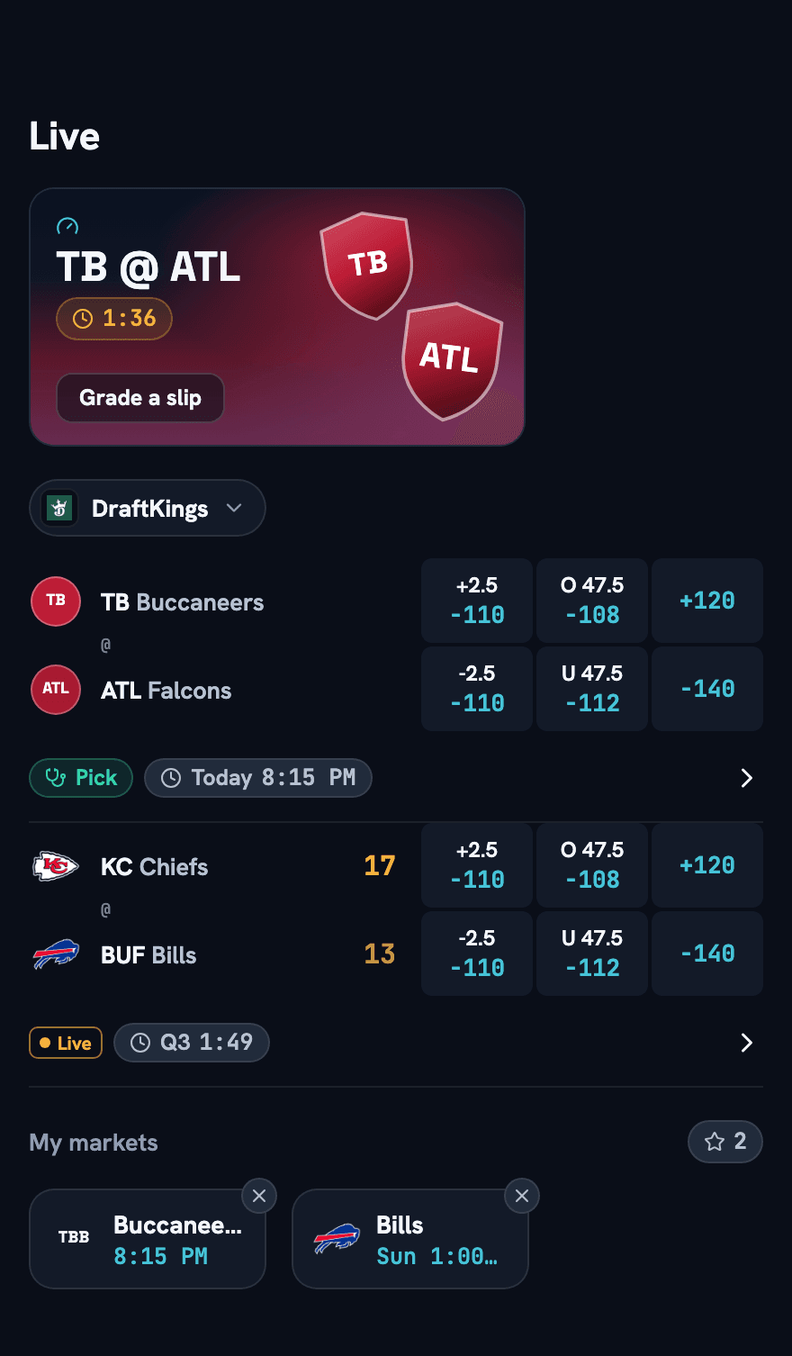 The Live tab with a game card, moneyline, spread and total prices at DraftKings, an in-play game and a pick tag.