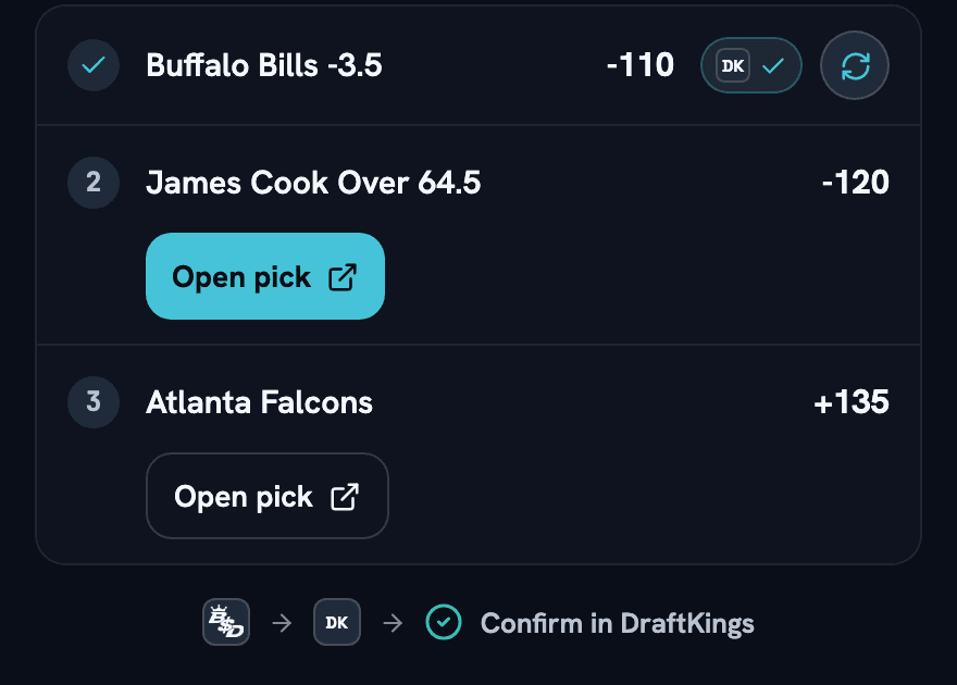 Pick-by-pick rows with Open pick buttons and the line Confirm in DraftKings.
