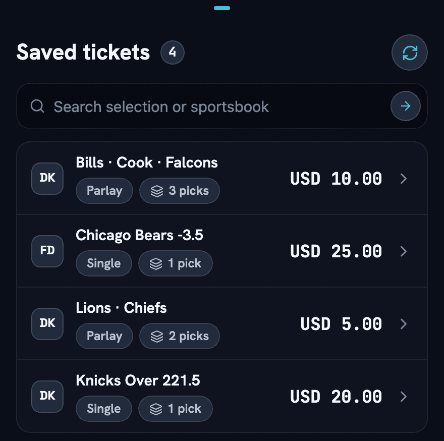 Saved tickets list with four slips: parlays and singles at DraftKings and FanDuel with stake and pick counts.