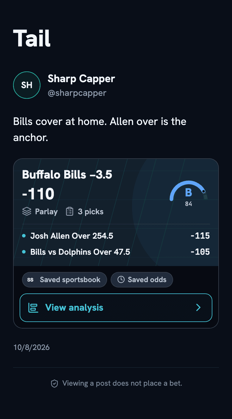 The public web view of a Tail post with the slip and a note that viewing a post does not place a bet.