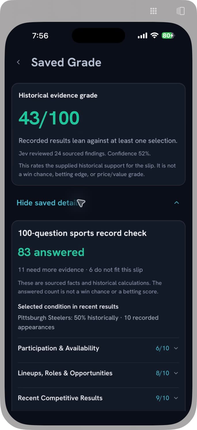 Actual iPhone saved Grade showing its historical evidence result and research details
